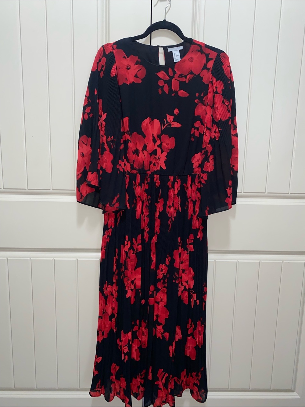 H&M Black & Red Floral Midi Dress - Elegant Women's Dress size 12